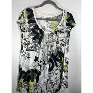 DKNY Logo White Black Yellow Mix Media Front Woman’s Artsy Airy Whimsy Blouse